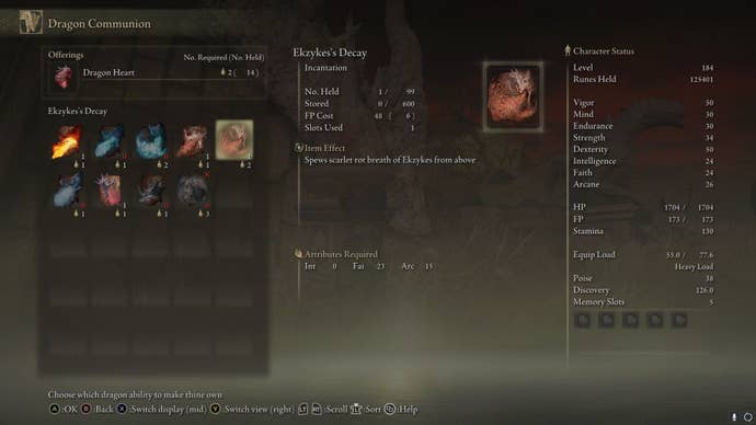 The Incantations available at the Cathedral of Dragon Communion, including Ekzyke’s Decay, are shown