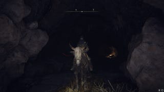 The player stands in front of the entrance to a cave while atop Torrent in Deeproot Depths in Elden Ring