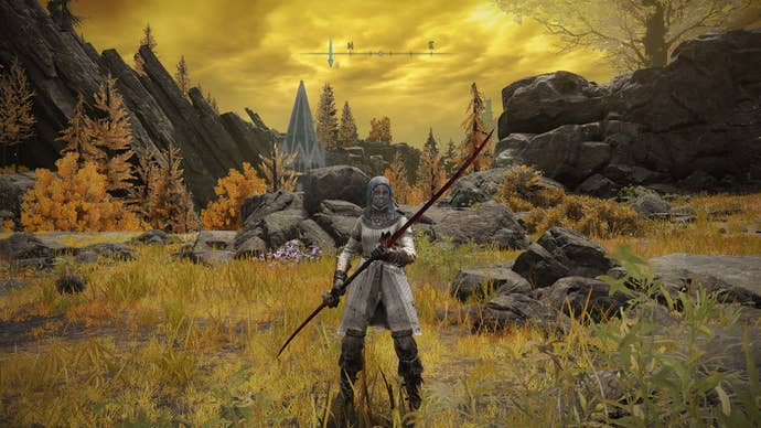 The player stands in Altus Plateau while holding the Eleonara’s Poleblade in Elden Ring