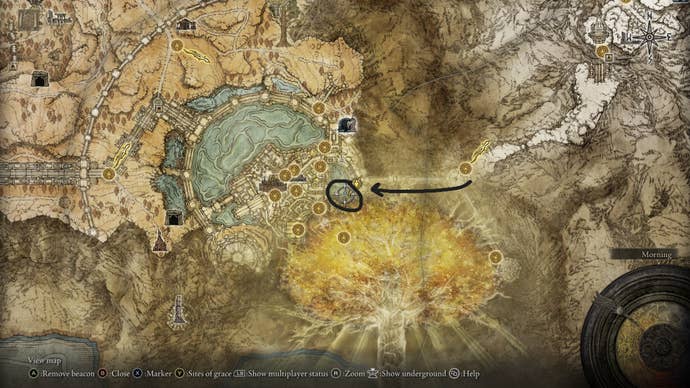 The location of Erdtree's Favor+2 from the Forbidden Lands Site of Grace is shown on the Elden Ring map