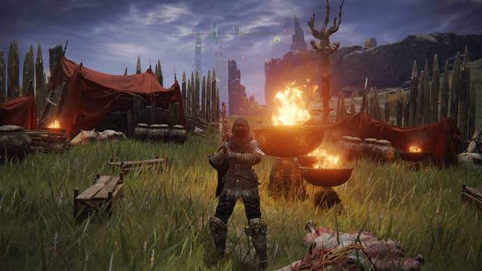 The player stands in a Fire Monk camp in Elden Ring’s Liurnia of the Lakes