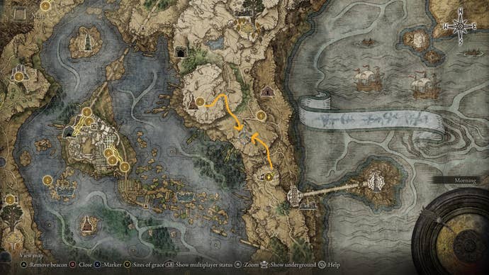 The location of the Flame, Cleanse Me Incantation is shown on the Elden Ring map