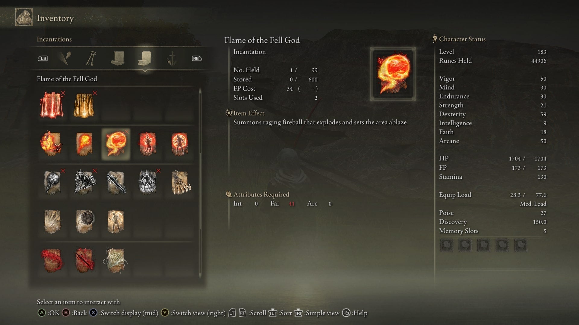 The Flame of the Fell God Incantation is shown in the player inventory in Elden Ring - 5