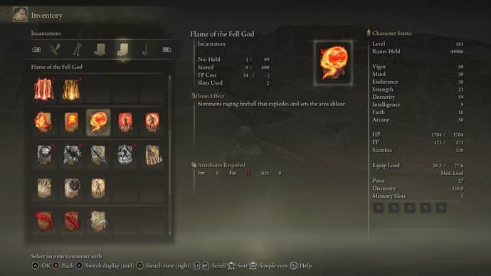 The Flame of the Fell God Incantation is shown in the player inventory in Elden Ring