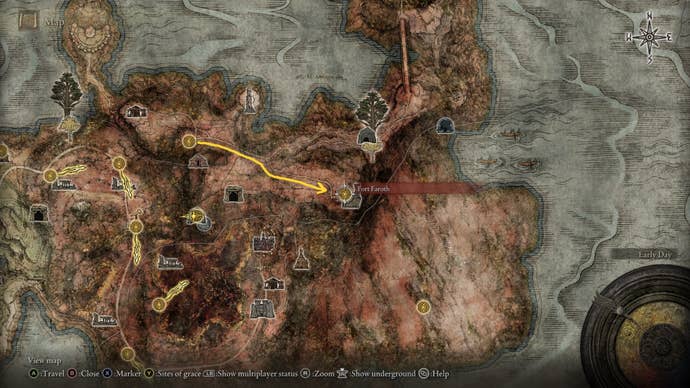The location of Caelid's Fort Faroth is marked on the Elden Ring map
