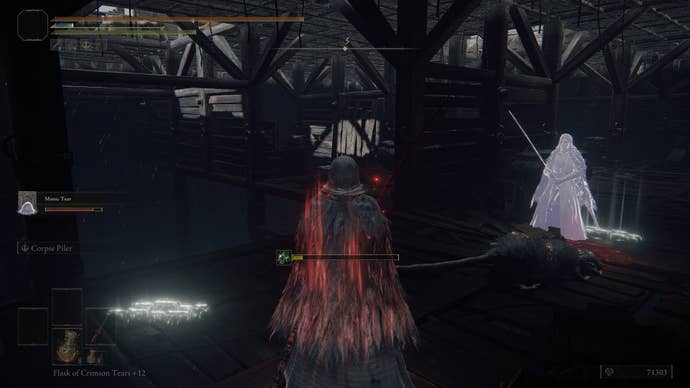 The player stands beside the Mimic Tear in Caelid's Fort Faroth looking at a platform in front of them in Elden Ring