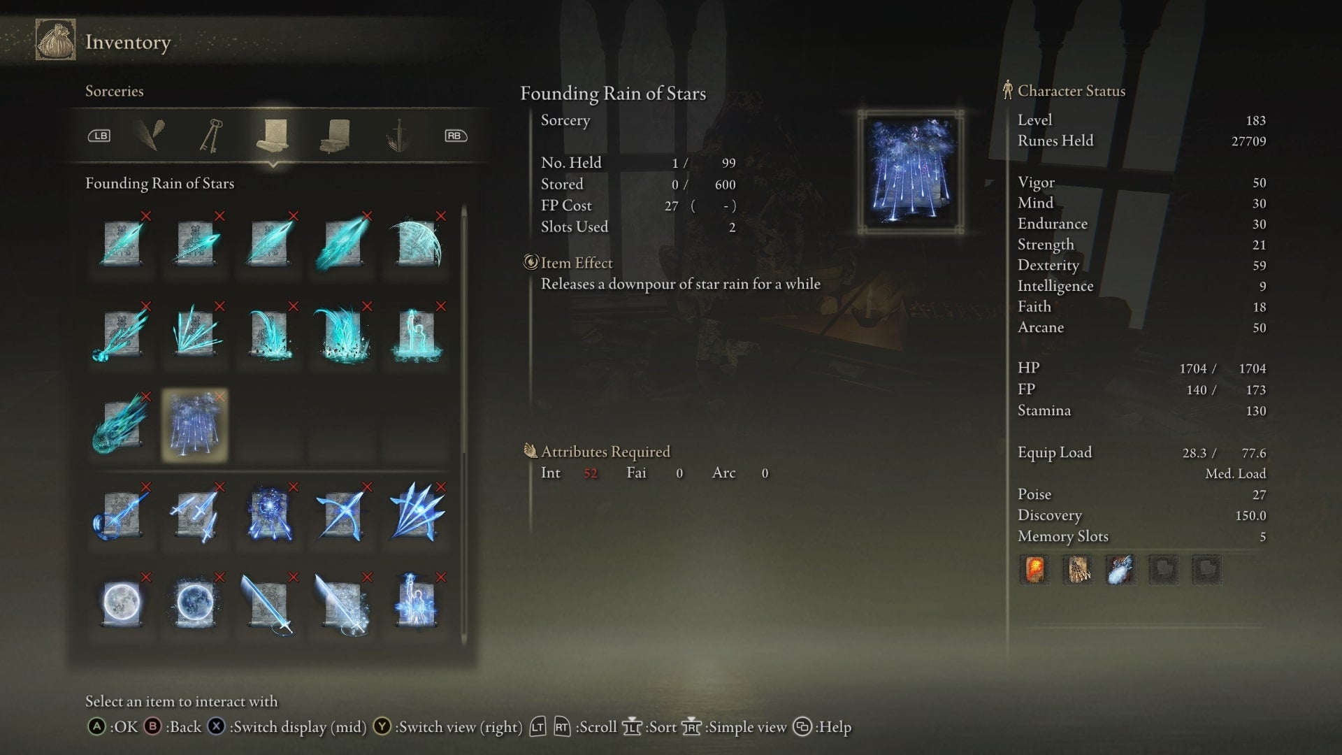The Founding Rain of Stars Sorcery is shown in the player inventory in Elden Ring - 7
