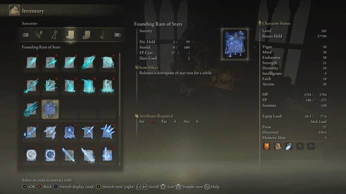 The Founding Rain of Stars Sorcery is shown in the player inventory in Elden Ring