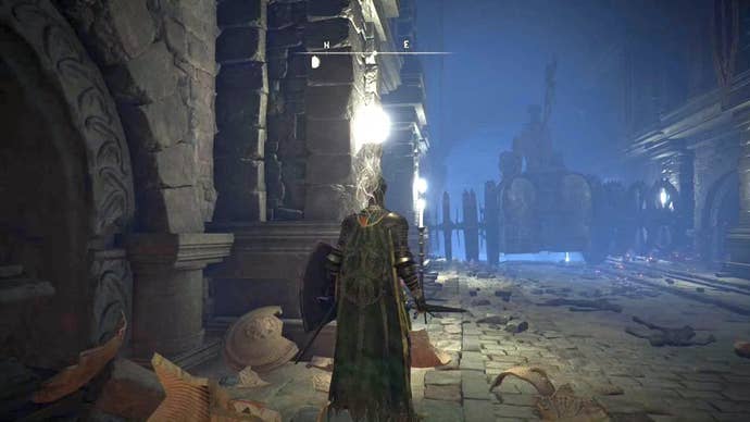 Armoured Elden Ring main character looking at a Chariot environmental obstacle.