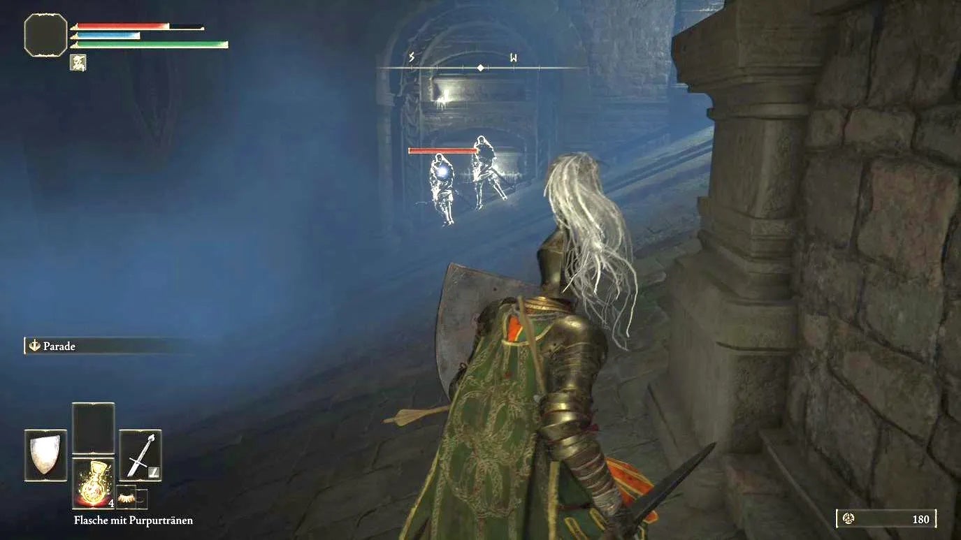Armoured Elden Ring main character looking at spectral enemies across the way.