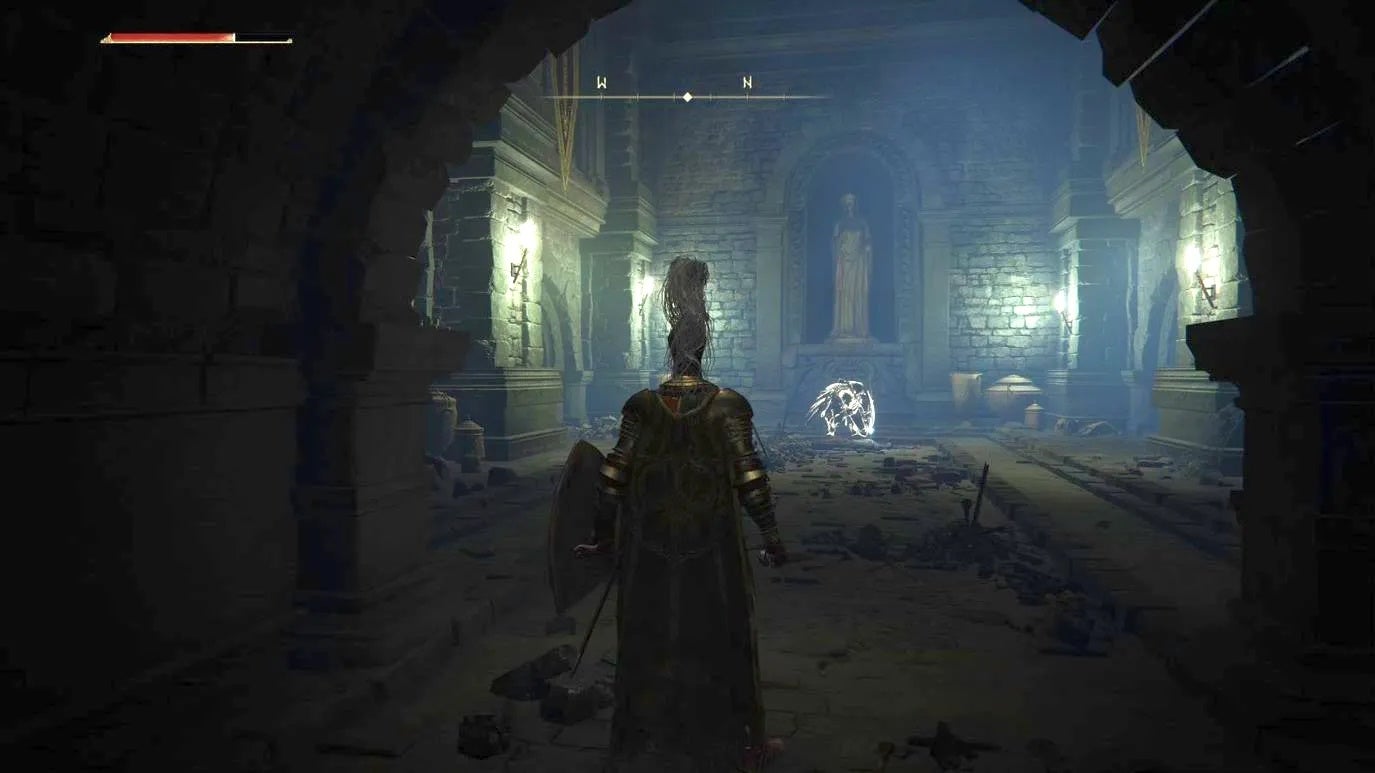 Armoured Elden Ring main character looking at a kneeling spectral enemy in front of them.