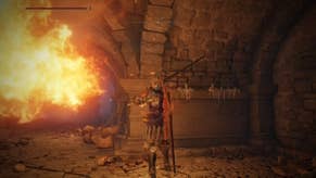 Armoured Elden Ring main character hiding from the Chariot environmental obstacle as it uses a fire attack.