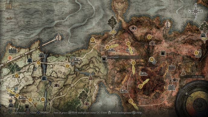 The location of the Caelid entrance to Gael Tunnel is marked on the Elden Ring map