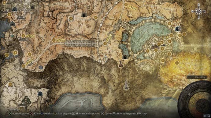 The location of the encampment where the Giant Crusher is located, in Leyndell, is marked on the Elden Ring map