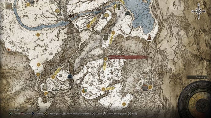 The location of the Giants Gravepost Site of Grace in the Mountaintops is marked on the Elden Ring map