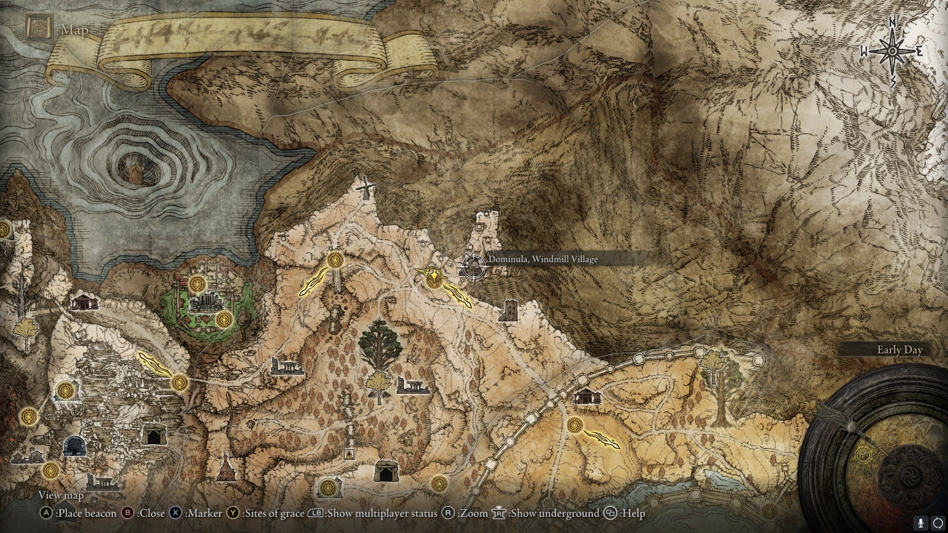 The location of Dominula, Windmill Village, where players can get the Godskin Peeler and Scouring Black Flame, is marked on the Elden Ring map - 3