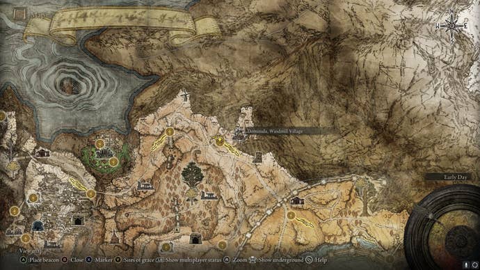 The location of Dominula, Windmill Village, where players can get the Godskin Peeler and Scouring Black Flame, is marked on the Elden Ring map