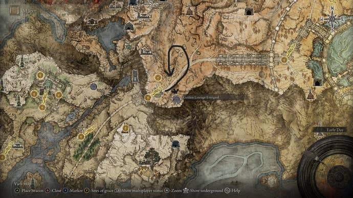 The location of the Golden Lineage Evergaol is marked on the Elden Ring map