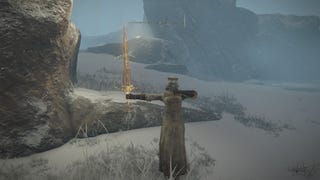 The player holds the Golden Order Greatsword while in the Consecrated Snowfield in Elden Ring