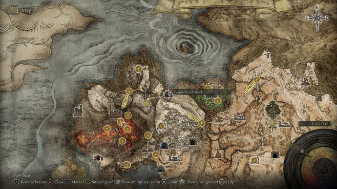 The location of the Golden Vow Spell, Corpse-Stench Shack, is shown on the Elden Ring map