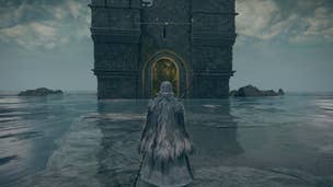 The player faces the entrance to Leonine Misbegotten's boss arena in Elden Ring's Castle Morne