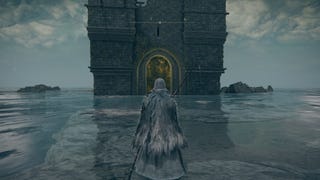 The player faces the entrance to Leonine Misbegotten's boss arena in Elden Ring's Castle Morne