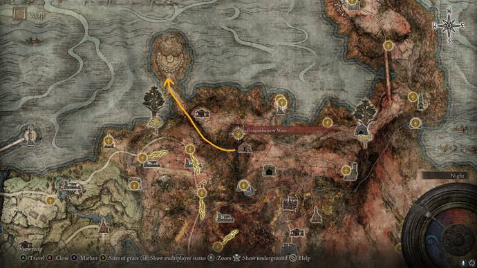 The route from Deep Siofra Well to the Great Jar outside of Caelid Colosseum is marked on the Elden Ring map