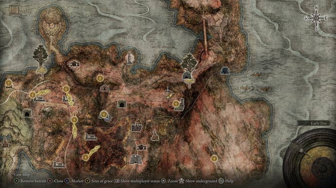 The location of Elder Dragon Greyoll, which is in Caelid, is marked on the Elden Ring map