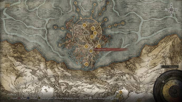 The location of Haligtree Town in Miquella's Haligtree is marked on the Elden Ring map