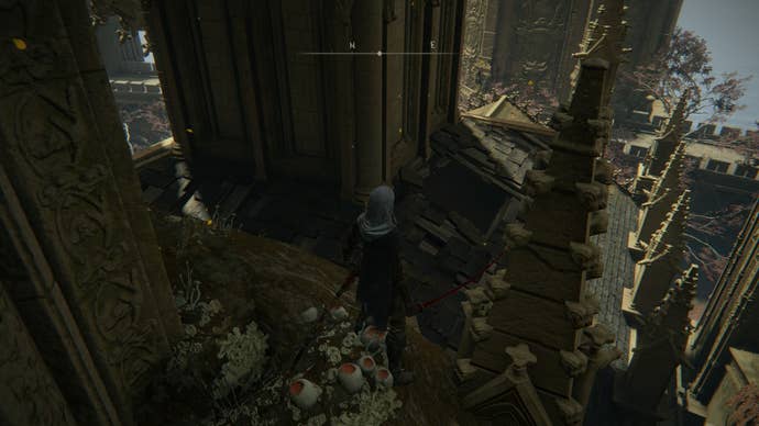 The player looks at a broken rooftop in Miquella's Haligtree in Elden Ring