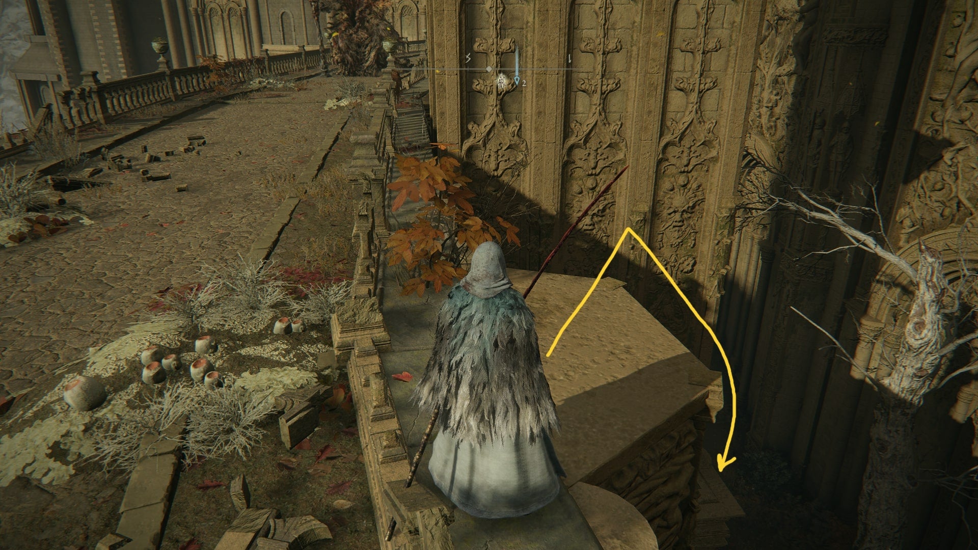 The player stands on a bridge in Miquella's Haligtree, with an arrow pointing out the route to Marika's Soreseal in Elden Ring - 4