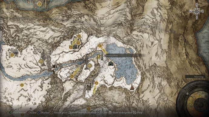 The location of Heretical Rise in the Mountaintops is marked on the Elden Ring map