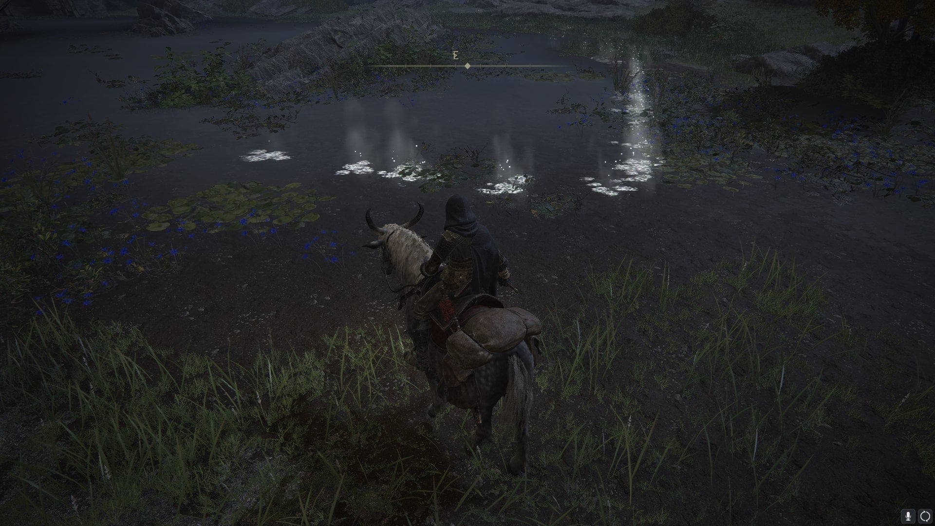 The player looks at some footsteps left behind by an invisible Teardrop Scarab near Caria Manor in Elden Ring - 4