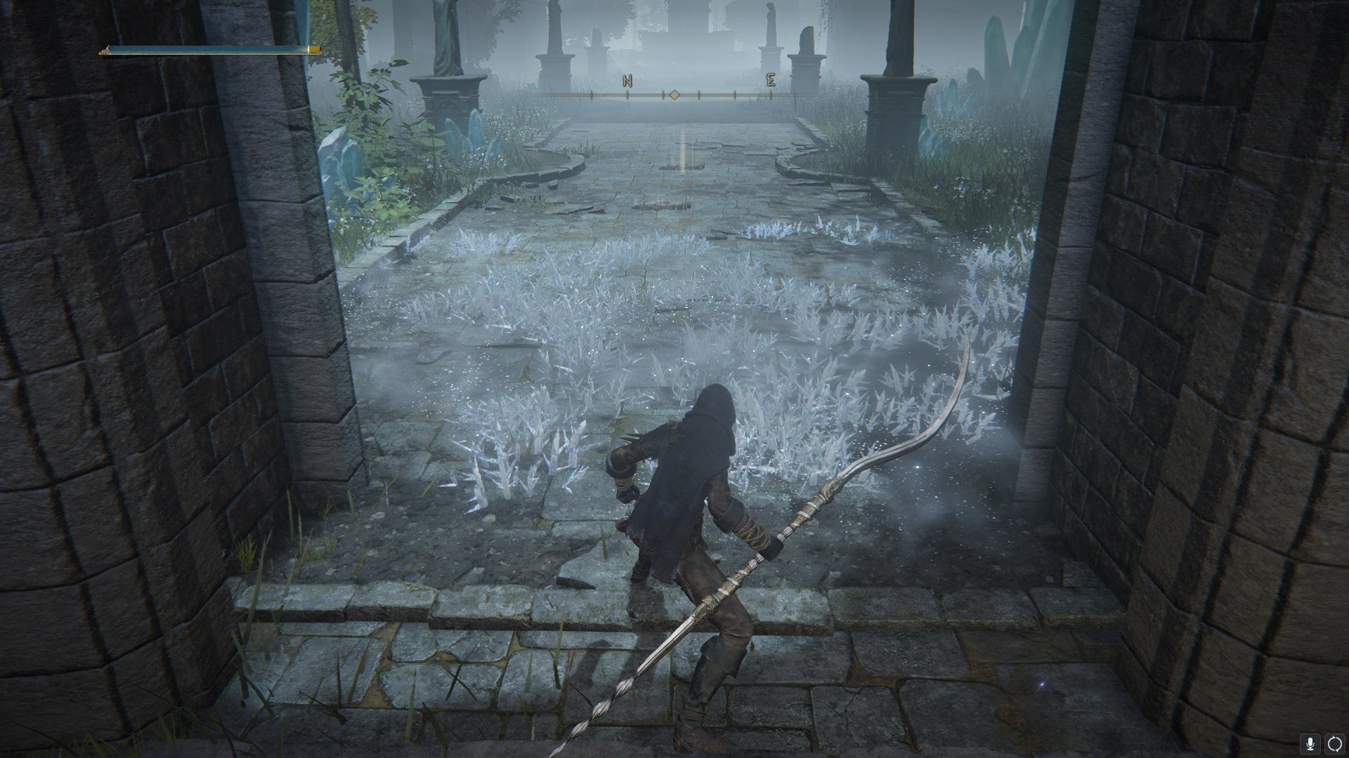The player uses the Hoarfrost Stomp Ash of War at the main gate of Caria Manor in Elden Ring - 1
