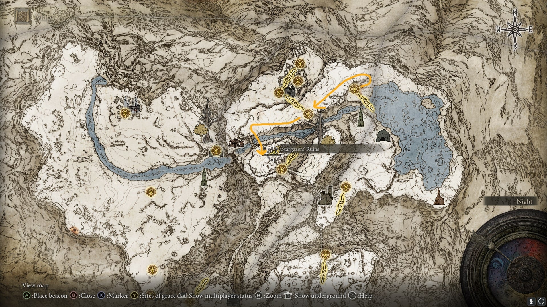 The location of Stargazers Ruins and a route to it are shown on the Elden Ring map - 4