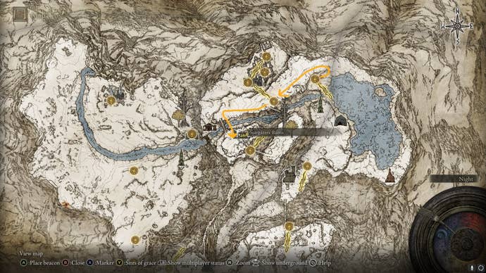 The location of Stargazers Ruins and a route to it are shown on the Elden Ring map