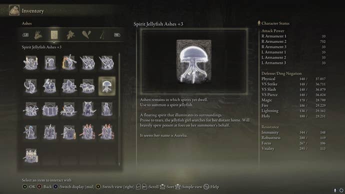 La description de la Jellyfish Spirit Ash est indiquée dans l'inventaire d'Elden Ring.