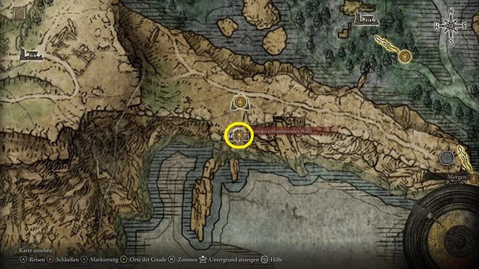 A yellow circle appearing on the Elden Ring map showing the Albinauric village in Liurnia.