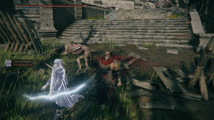 Elden Ring player standing at the bottom of a stone stairwell with a Spirit Ash known as Latenna the Albinauric