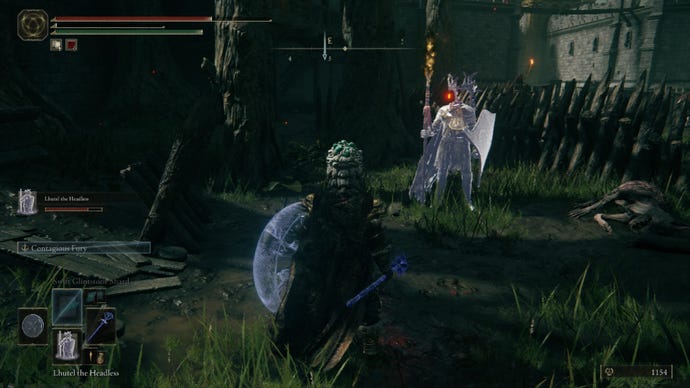 Elden Ring player stands with Lhutel the Headless, a headless knight Spirit Ash
