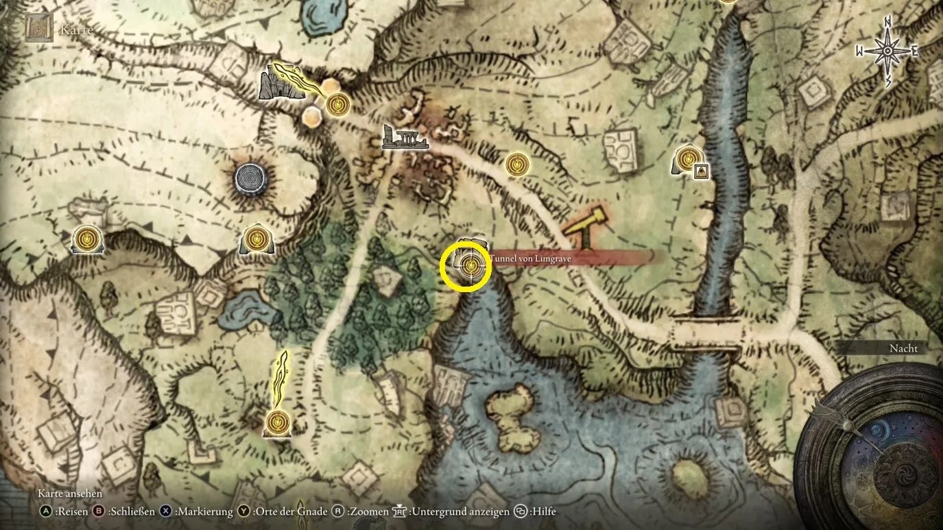 The Limgrave Tunnels map location in Elden Ring circled.