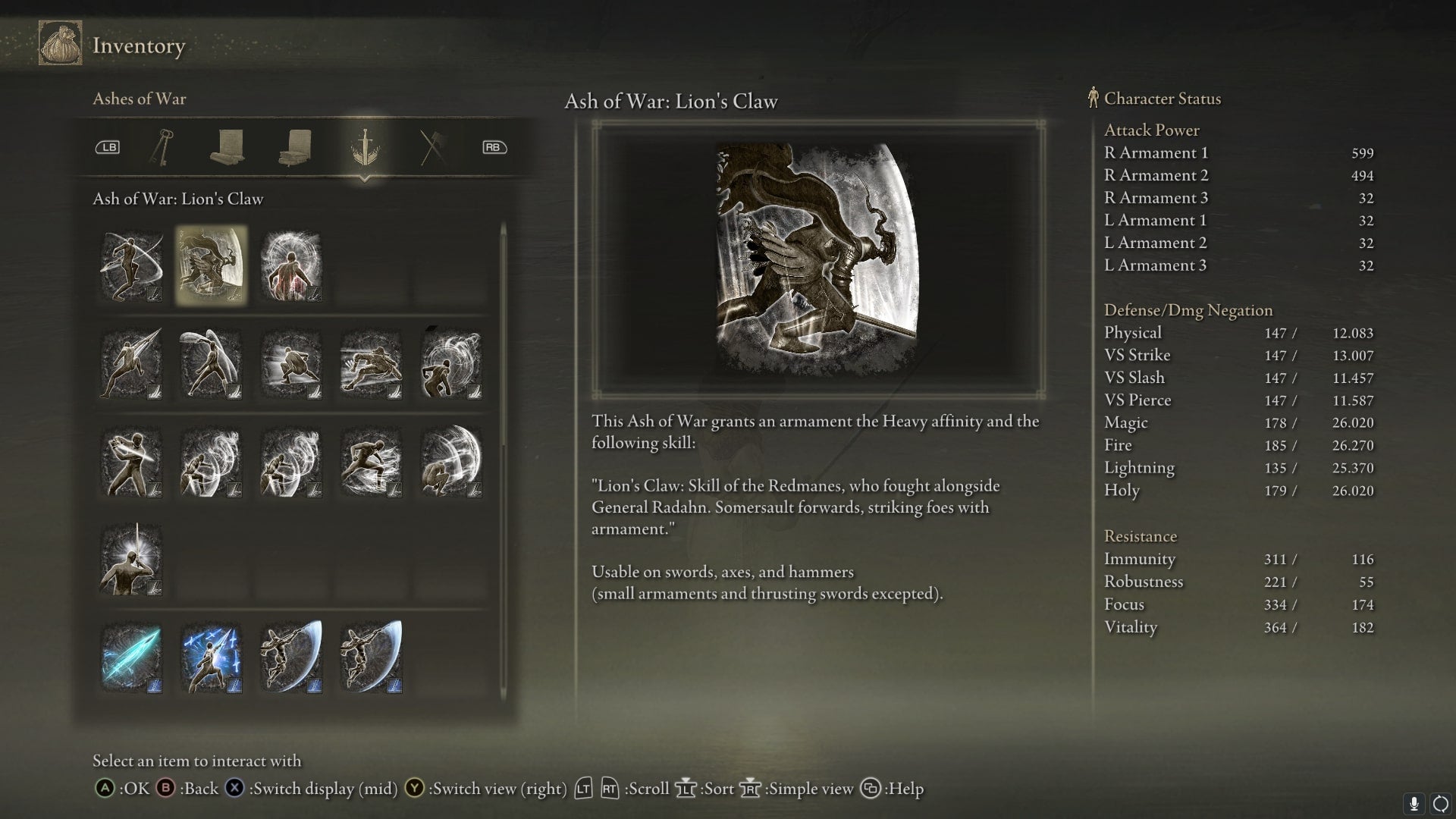 The Lion&rsquo;s Claw Ash of War is shown in the player inventory in Elden Ring
