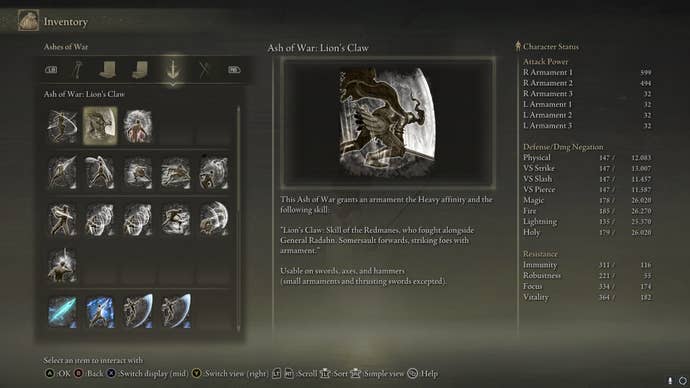 The Lion’s Claw Ash of War is shown in the player inventory in Elden Ring