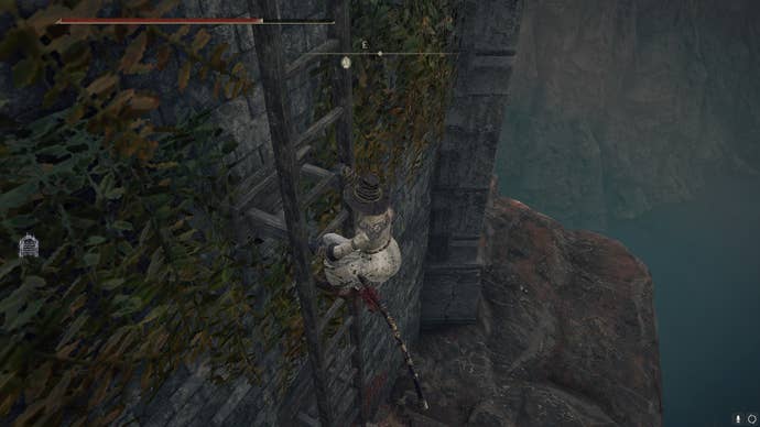 The player climbs up the ladder that is used to enter Fort Gael in Elden Ring
