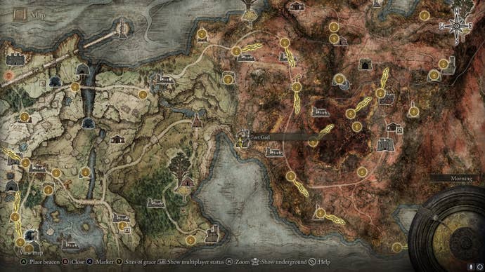 The location of Fort Gael in Caelid is marked on the Elden Ring map