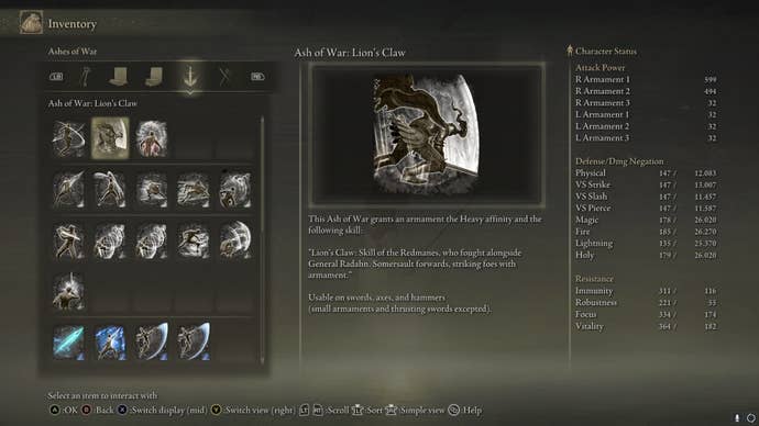 The Lion's Claw Ash of War is shown in the player inventory in Elden Ring
