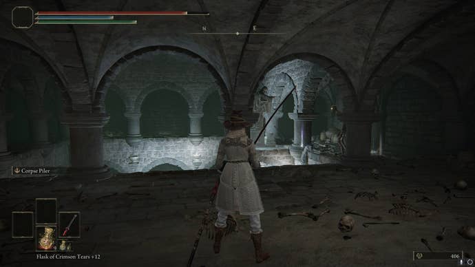 The player faces a lever that opens a boss room inside of Leyndell Catacombs in Elden Ring