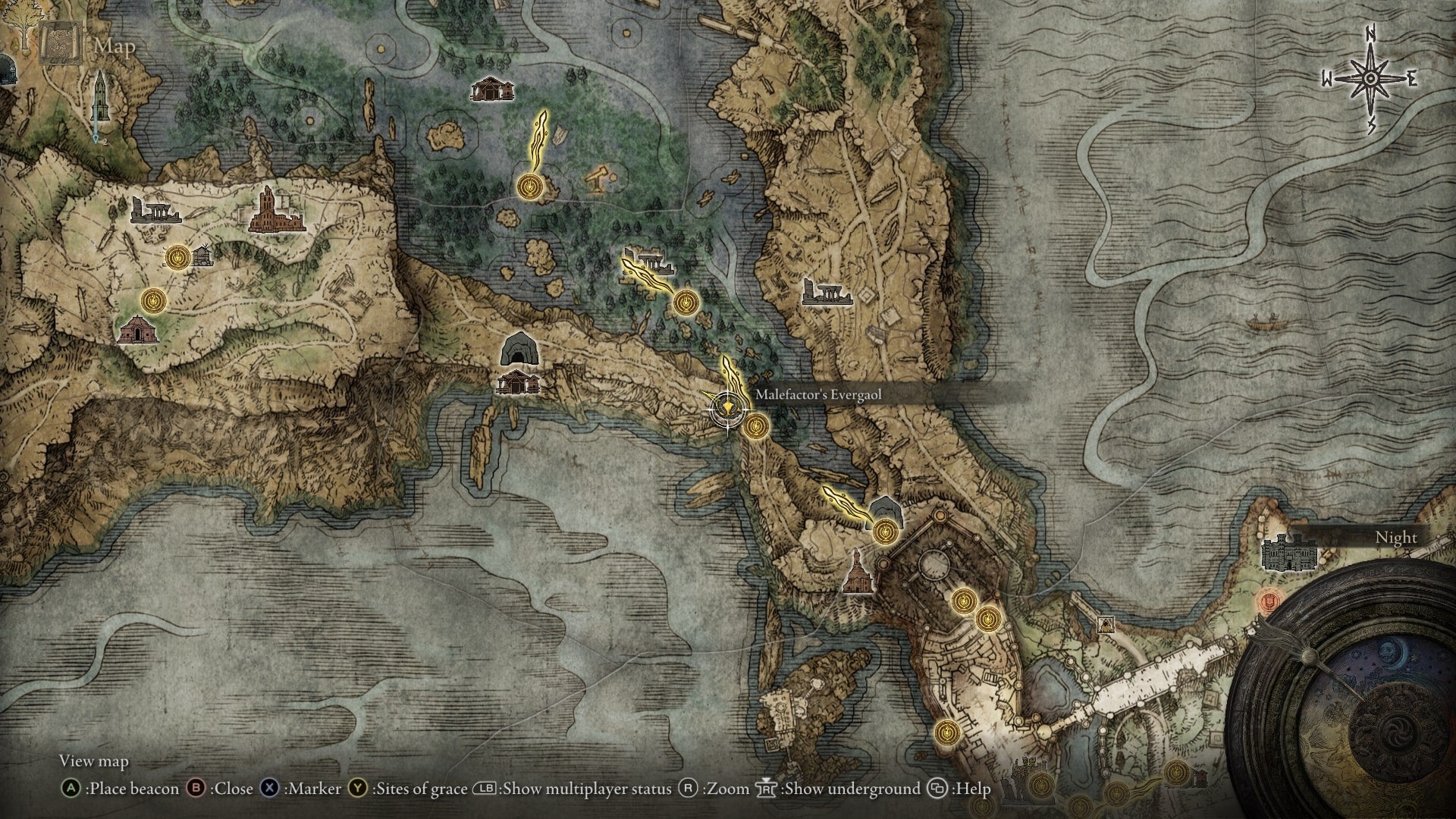 The location of the Malefactor&rsquo;s Evergaol is marked on the Elden Ring map