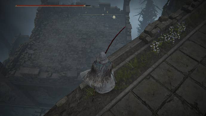 The player faces a platform below them at Caria Manor in Elden Ring