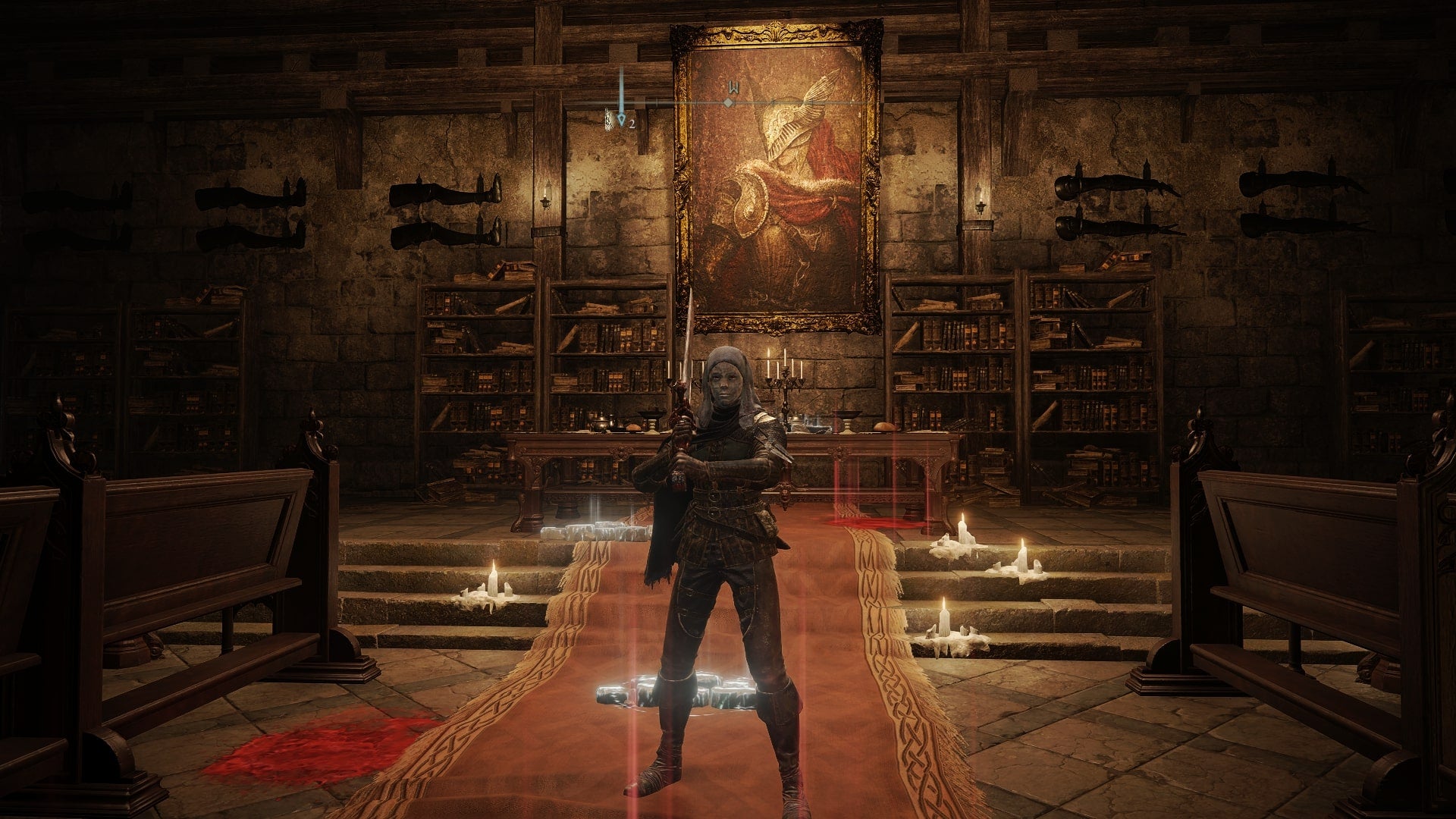 The player stands in Elemer of the Briar&rsquo;s boss room in The Shaded Castle, while also holding the Marais Executioner&rsquo;s Sword in Elden Ring